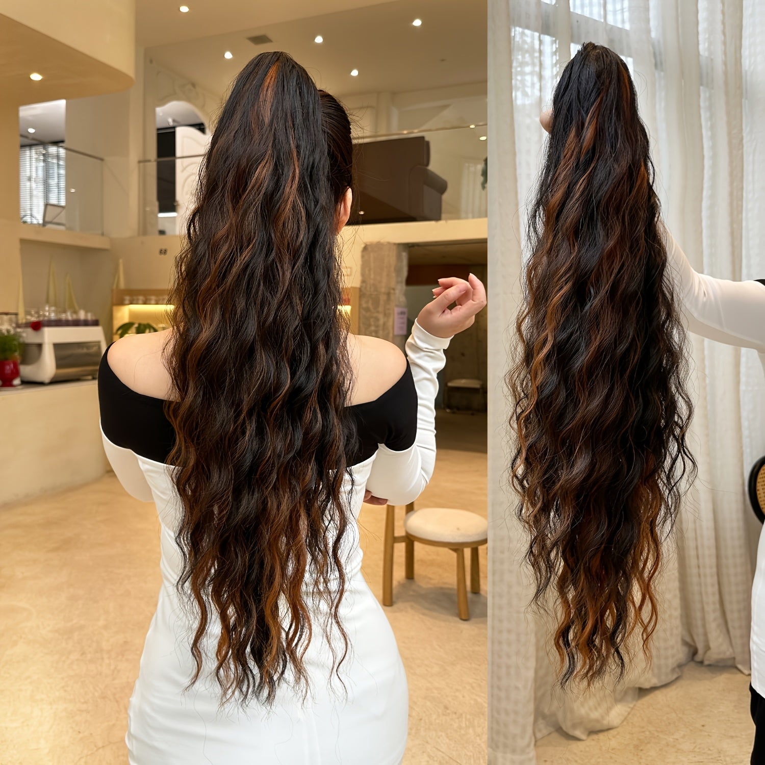 YUSULAXI Women'S 28-Inch Brown Wavy Ponytail Extension, High Temperature Fiber Clip-In Tailpiece, Synthetic Hairpiece for Ladies